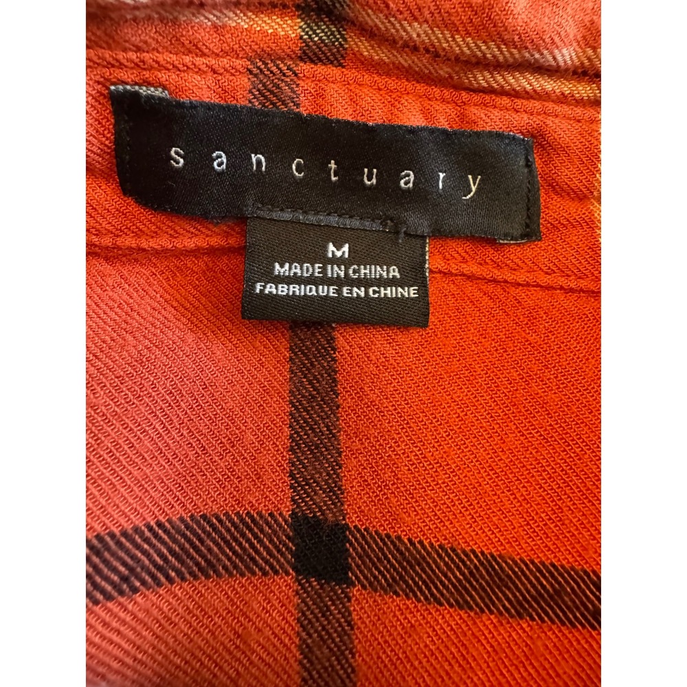 🌴 Sanctuary Womens Orange Black Plaid Rayon Button Down Utility Shirt Size M - Picture 3 of 4